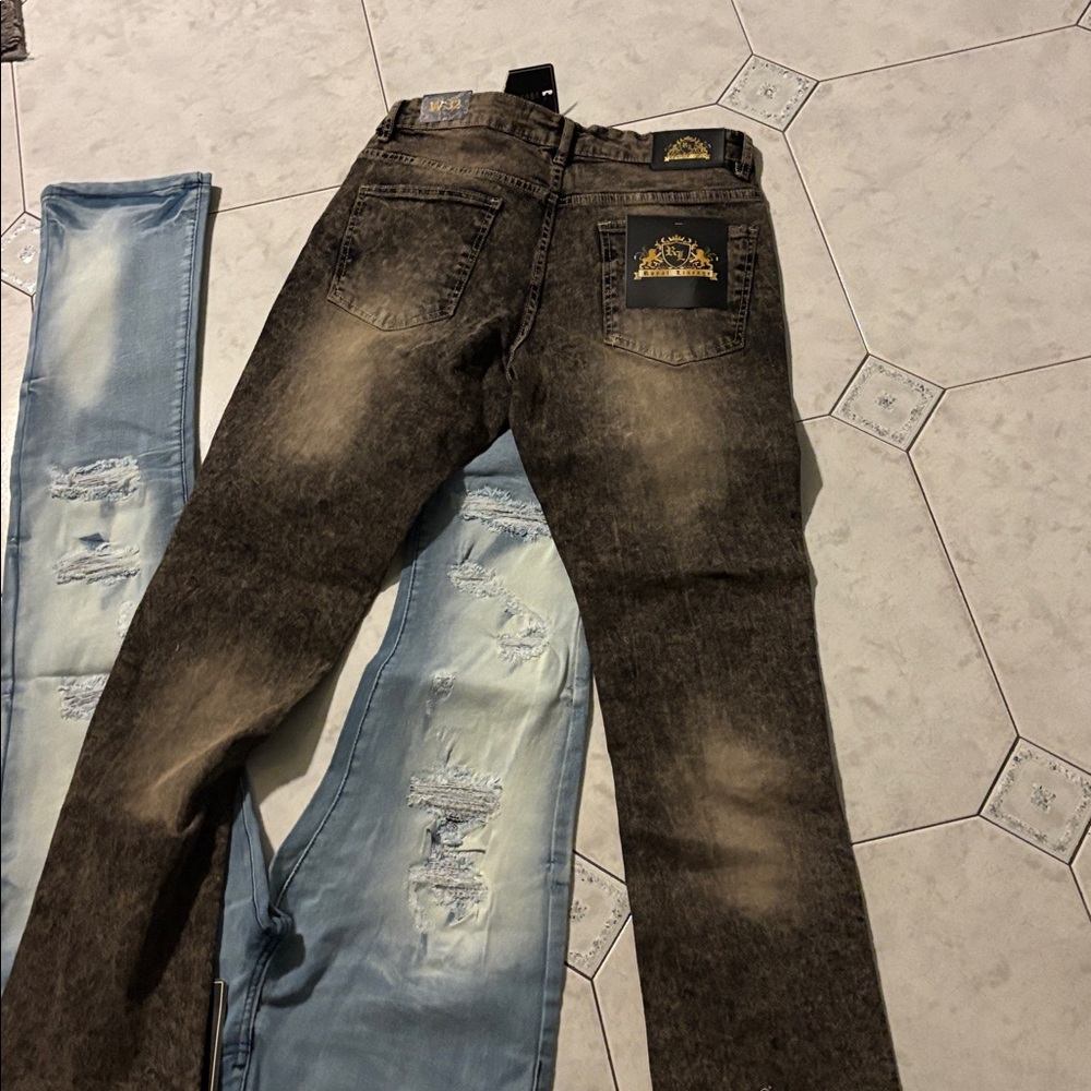 Men's Slim Fit Distressed Jeans - Black and Light Blue - Picture 2 of 3